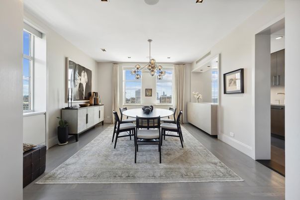 Dining room, Interior, Pendant Lights, Recessed Lighting, Wood Texture Flooring
