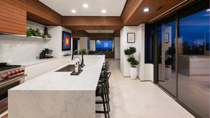 Interior, Kitchen, Marble Walls, Pendant Lights, Recessed Lighting, Stainless Steel Appliances, Wooden Beams, Wooden Ceilings