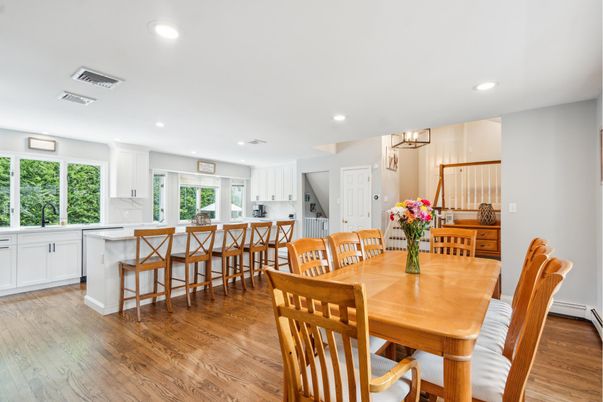 Dining room, Interior, Kitchen, Recessed Lighting, Wood Texture Flooring