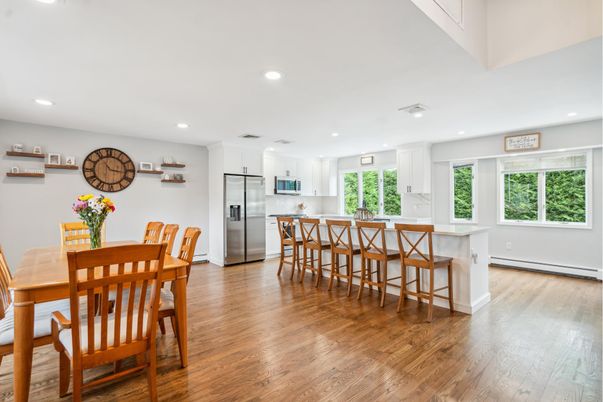 Dining room, Interior, Kitchen, Recessed Lighting, Stainless Steel Appliances, Wood Texture Flooring