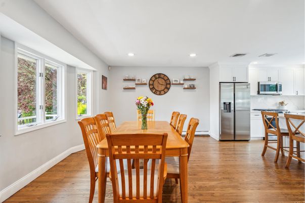 Dining room, Interior, Kitchen, Recessed Lighting, Stainless Steel Appliances, Wood Texture Flooring