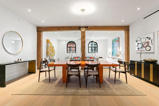 Dining room, Interior, Pendant Lights, Recessed Lighting, Wood Texture Flooring