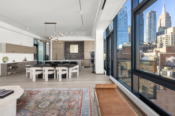 Dining room, Interior, Kitchen, Pendant Lights, Stainless Steel Appliances, Wood Texture Flooring