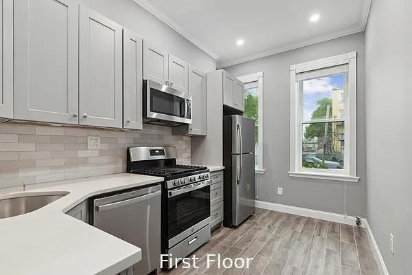 Interior, Kitchen, Recessed Lighting, Stainless Steel Appliances, Wood Texture Flooring