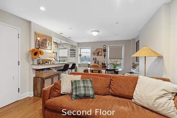Dining room, Interior, Living room, Recessed Lighting, Wood Texture Flooring