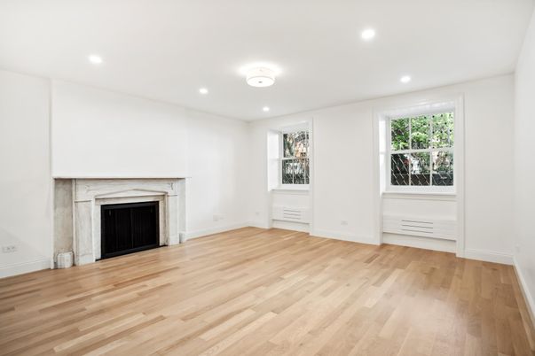Empty room, Fireplace, Interior, Recessed Lighting, Wood Texture Flooring
