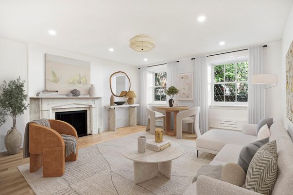 Dining room, Fireplace, Interior, Living room, Recessed Lighting, Wood Texture Flooring