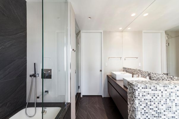 Bathroom, Dual Sink Vanities, Glass Shower, Interior, Recessed Lighting