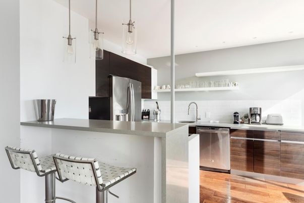 Interior, Kitchen, Pendant Lights, Stainless Steel Appliances, Wood Texture Flooring