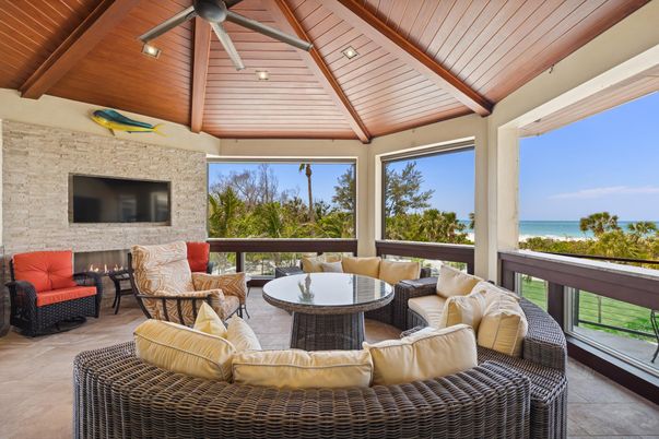 Fireplace, Interior, Living room, Recessed Lighting, Stone Walls, Water, Wooden Beams, Wooden Ceilings