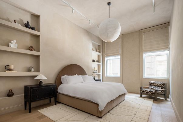 Bedroom, Interior, Pendant Lights, Wood Texture Flooring