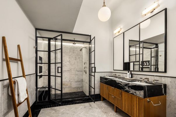Bathroom, Glass Shower, Interior, Pendant Lights, Wood Texture Flooring