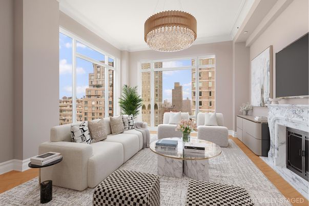 Chandelier, Fireplace, Interior, Living room, Recessed Lighting, Wood Texture Flooring