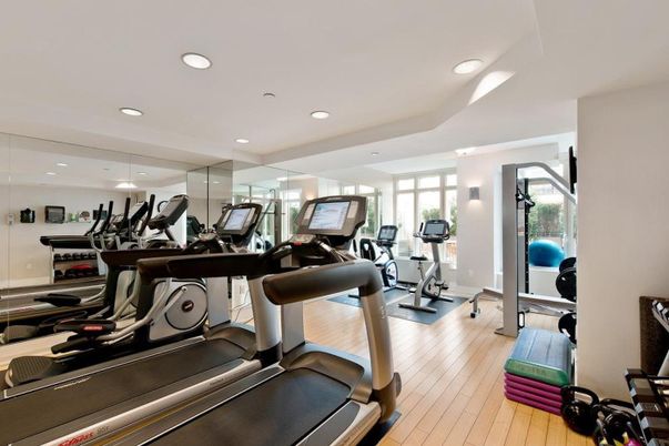 Fitness Equipment, Gym, Interior, Recessed Lighting, Wood Texture Flooring