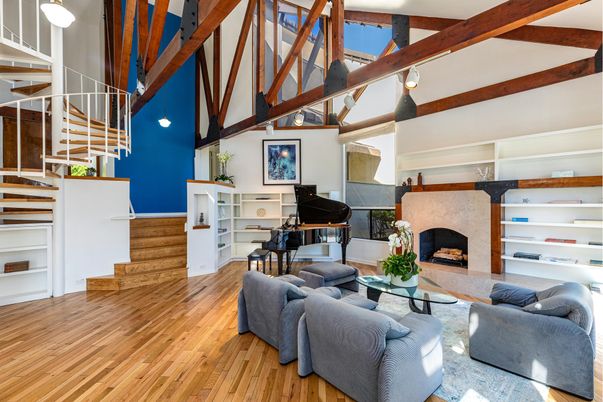 Fireplace, Interior, Living room, Pendant Lights, Piano, Wooden Beams, Wood Texture Flooring