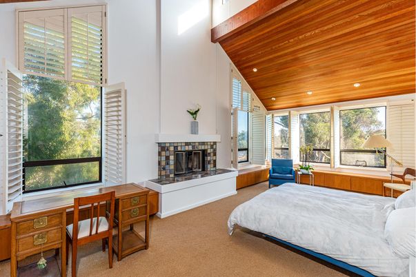 Bedroom, Fireplace, Interior, Recessed Lighting, Wooden Ceilings