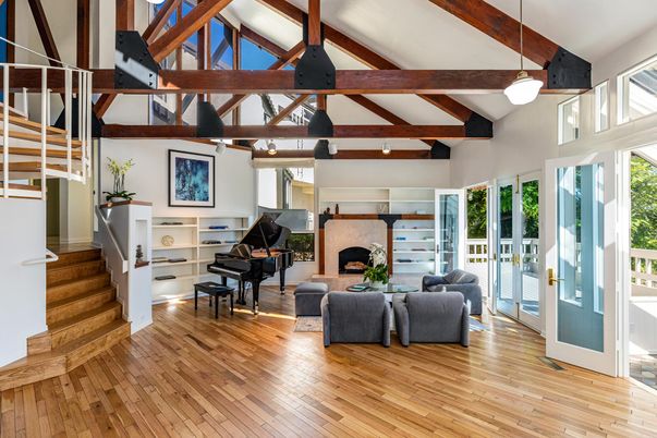 Fireplace, Interior, Living room, Pendant Lights, Piano, Wooden Beams, Wood Texture Flooring