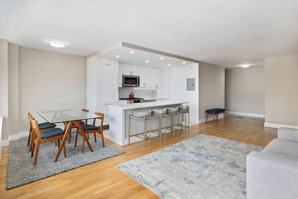 Dining room, Interior, Kitchen, Recessed Lighting, Stainless Steel Appliances, Wood Texture Flooring