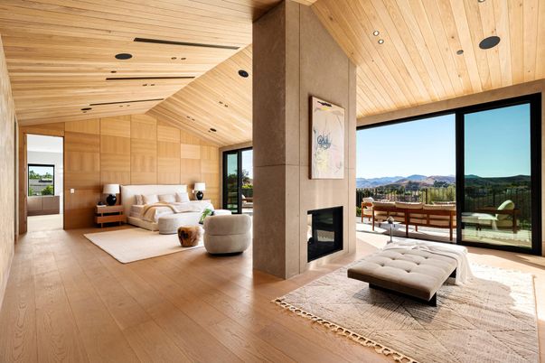 Bedroom, Fireplace, Interior, Recessed Lighting, Wooden Ceilings, Wood Texture Flooring, Wooden Walls