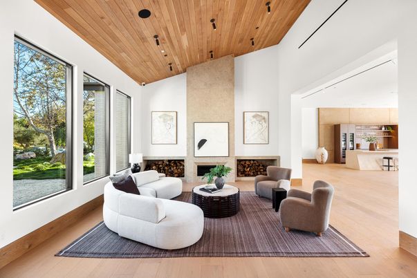 Fireplace, Interior, Living room, Pendant Lights, Recessed Lighting, Wooden Ceilings, Wood Texture Flooring
