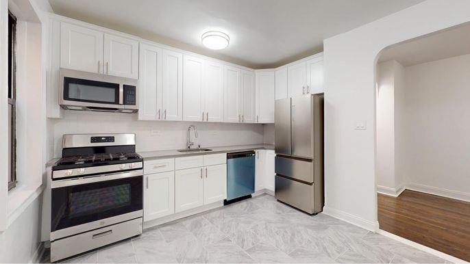 Interior, Kitchen, Marble, Stainless Steel Appliances, Wood Texture Flooring