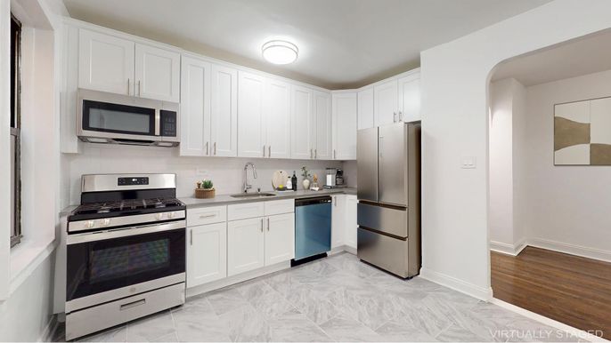 Interior, Kitchen, Marble, Stainless Steel Appliances, Wood Texture Flooring