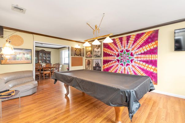 Billiard Table, Dining room, Game Room, Interior, Pendant Lights, Wood Texture Flooring