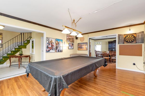 Billiard Table, Game Room, Interior, Pendant Lights, Wood Texture Flooring