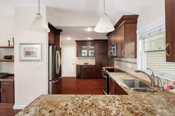 Interior, Kitchen, Pendant Lights, Recessed Lighting, Stainless Steel Appliances, Wood Texture Flooring