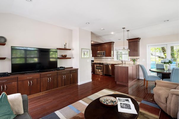 Dining room, Interior, Kitchen, Pendant Lights, Recessed Lighting, Stainless Steel Appliances, Wood Texture Flooring