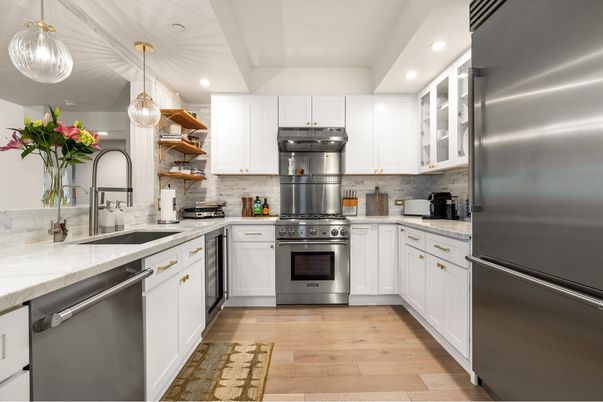 Interior, Kitchen, Pendant Lights, Recessed Lighting, Stainless Steel Appliances, Wood Texture Flooring