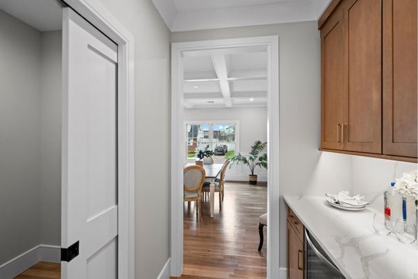 Dining room, Interior, Recessed Lighting, Wood Texture Flooring