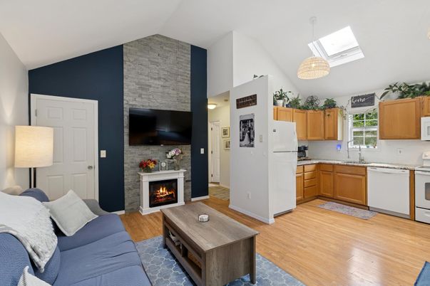 Fireplace, Interior, Kitchen, Living room, Pendant Lights, Stone Walls, Wood Texture Flooring