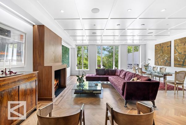 Dining room, Fireplace, Interior, Living room, Recessed Lighting, Wood Texture Flooring