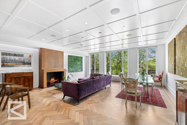 Dining room, Fireplace, Interior, Living room, Recessed Lighting, Wood Texture Flooring, Wooden Walls