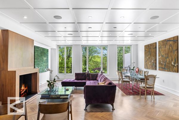 Dining room, Fireplace, Interior, Living room, Recessed Lighting, Wood Texture Flooring