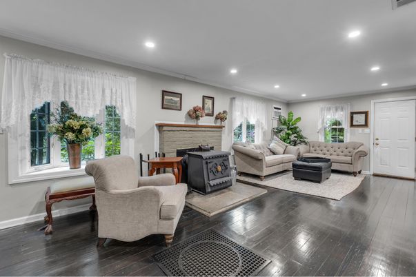 Fireplace, Interior, Living room, Recessed Lighting, Wood Texture Flooring