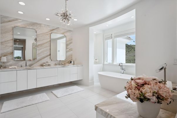 Bathroom, Dual Sink Vanities, Free Standing Baths, Interior, Pendant Lights, Recessed Lighting