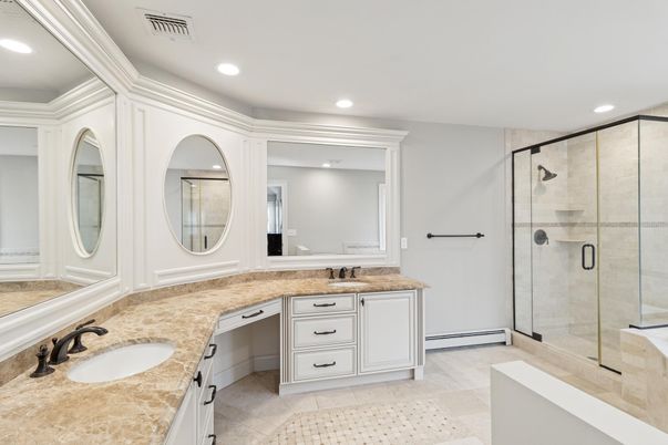 Bathroom, Dual Sink Vanities, Glass Shower, Interior, Recessed Lighting