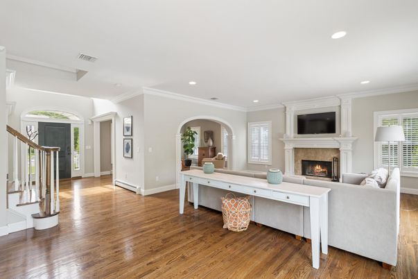 Fireplace, Interior, Living room, Recessed Lighting, Wood Texture Flooring