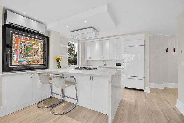 Interior, Kitchen, Marble Walls, Recessed Lighting, Stainless Steel Appliances, Wood Texture Flooring