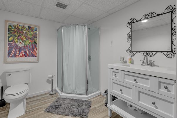 Bathroom, Interior, Recessed Lighting, Wood Texture Flooring
