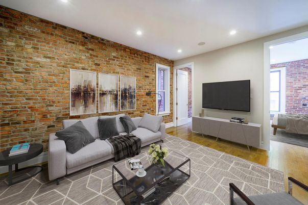 Interior, Living room, Recessed Lighting, Stone Walls, Wood Texture Flooring