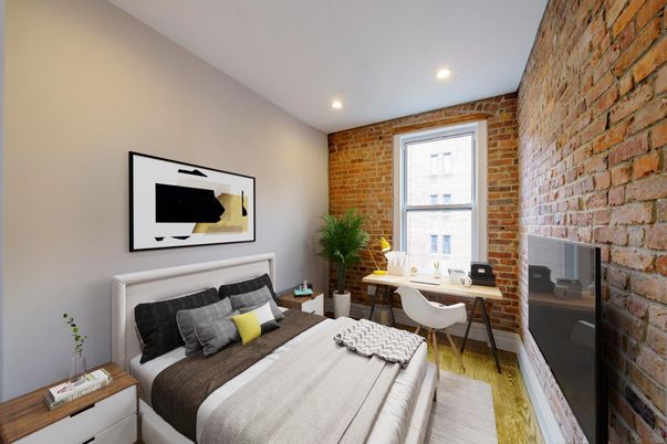 Bedroom, Home Office, Interior, Recessed Lighting, Stone Walls, Wood Texture Flooring