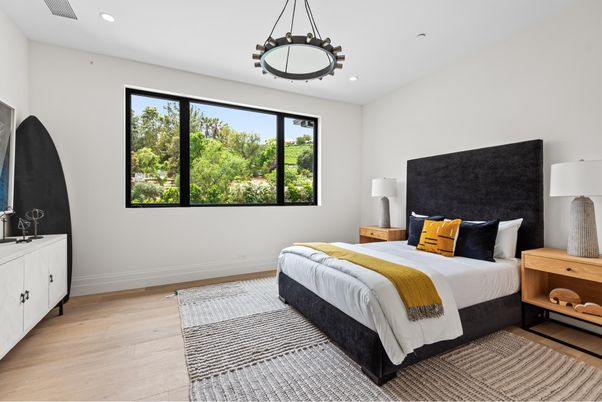Bedroom, Interior, Pendant Lights, Recessed Lighting, Wood Texture Flooring