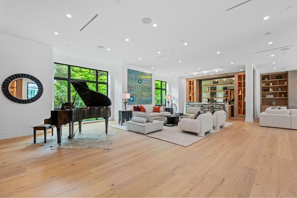 Interior, Living room, Piano, Recessed Lighting, Wood Texture Flooring