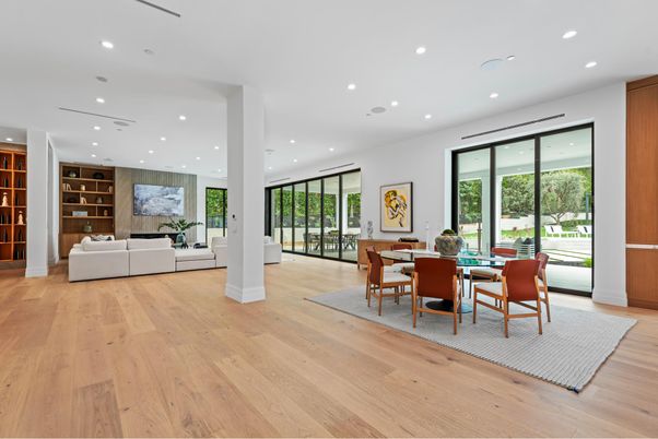 Dining room, Interior, Living room, Recessed Lighting, Wood Texture Flooring