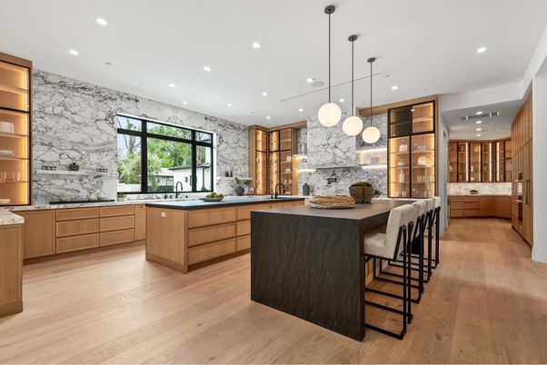 Interior, Kitchen, Marble Walls, Pendant Lights, Recessed Lighting, Wood Texture Flooring