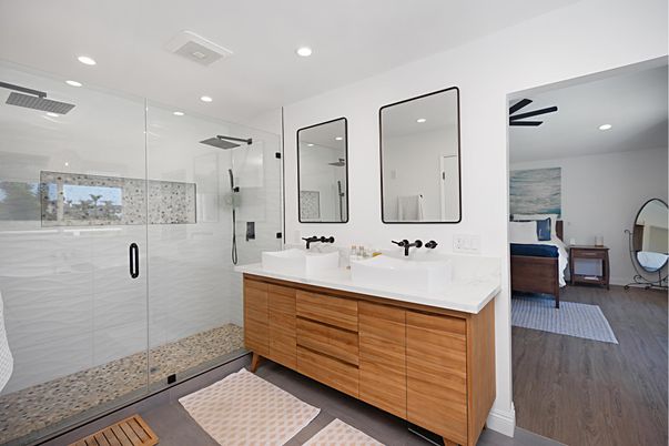 Bathroom, Dual Sink Vanities, Glass Shower, Interior, Recessed Lighting, Wood Texture Flooring