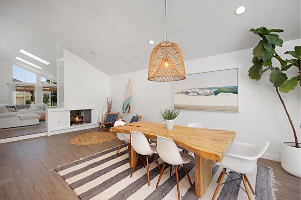 Dining room, Fireplace, Interior, Living room, Pendant Lights, Recessed Lighting, Wood Texture Flooring